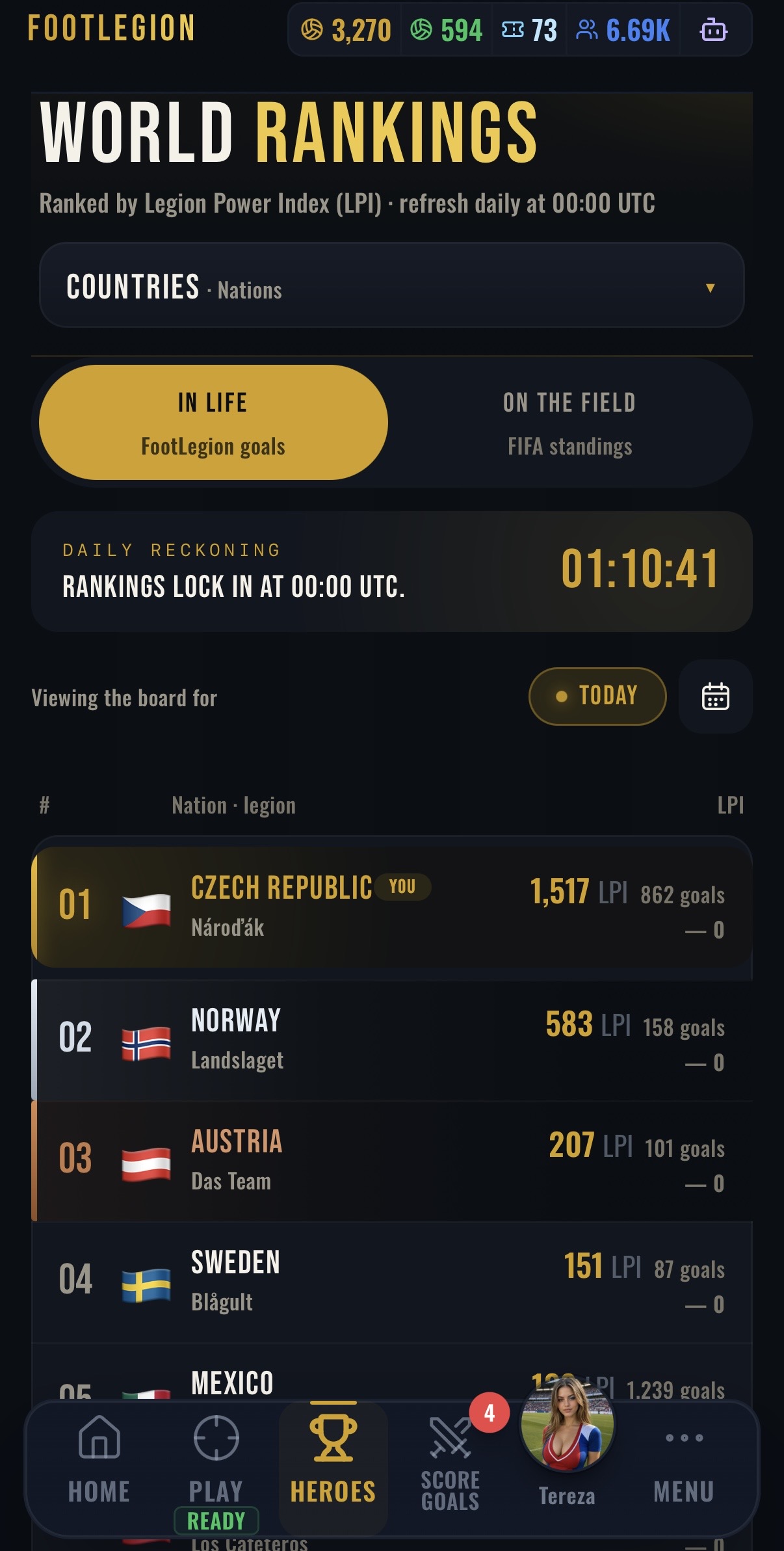 FootLegion — country ranking screen